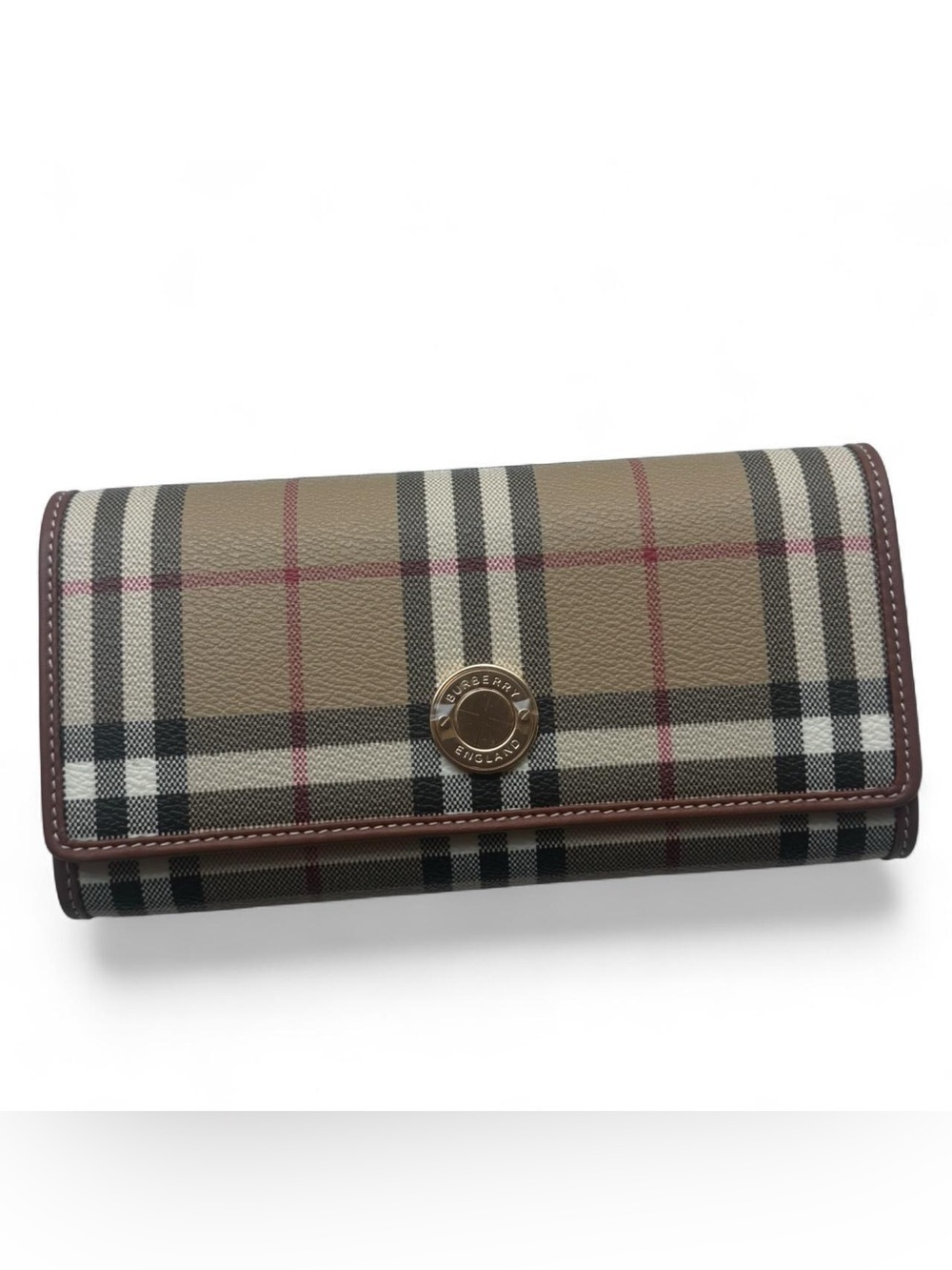 Burberry Beige Check Leather Wallet with Brown Trim